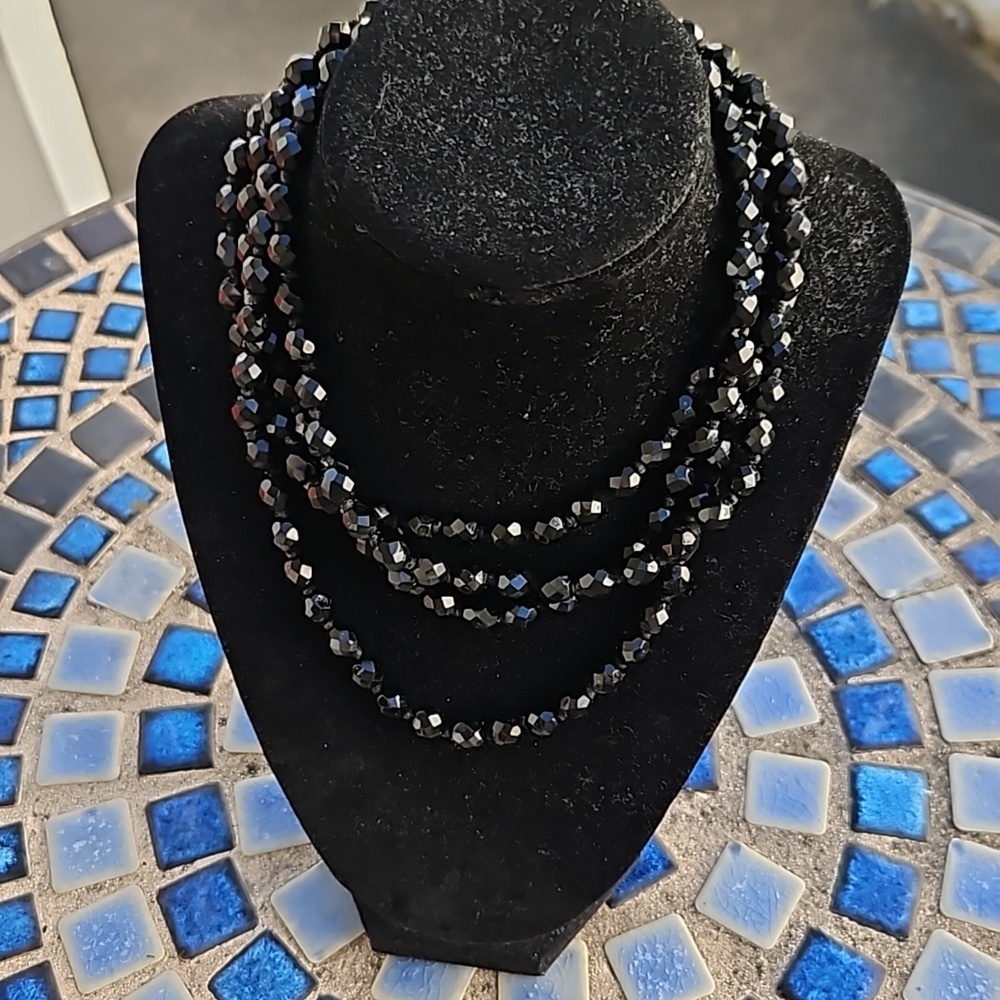 Vintage Jet Black Glass Beaded Necklace